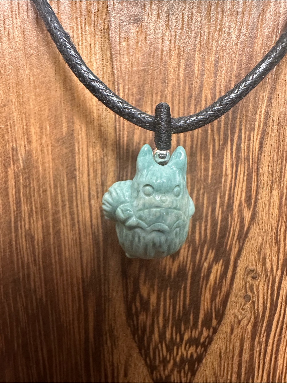 Green Alashan Agate Totoro Carving Pendant Necklace on Black Rope